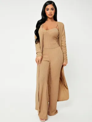 Casual Plain Rib-Knit Long Sleeve Spaghetti Strap Women Two-Piece Outfits