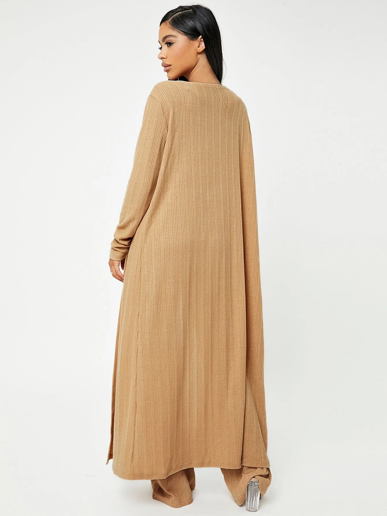 Casual Plain Rib-Knit Long Sleeve Spaghetti Strap Women Two-Piece Outfits