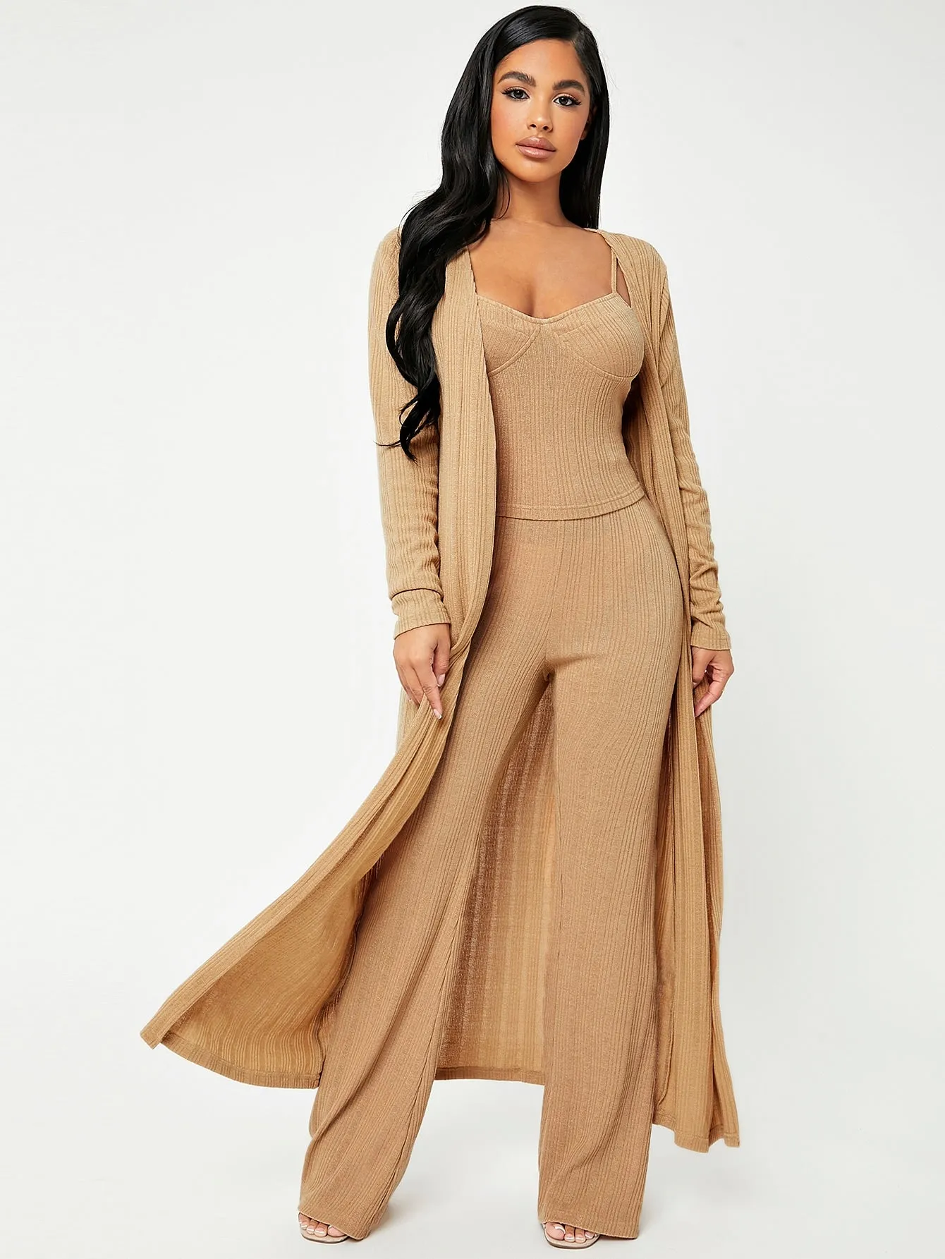 Casual Plain Rib-Knit Long Sleeve Spaghetti Strap Women Two-Piece Outfits