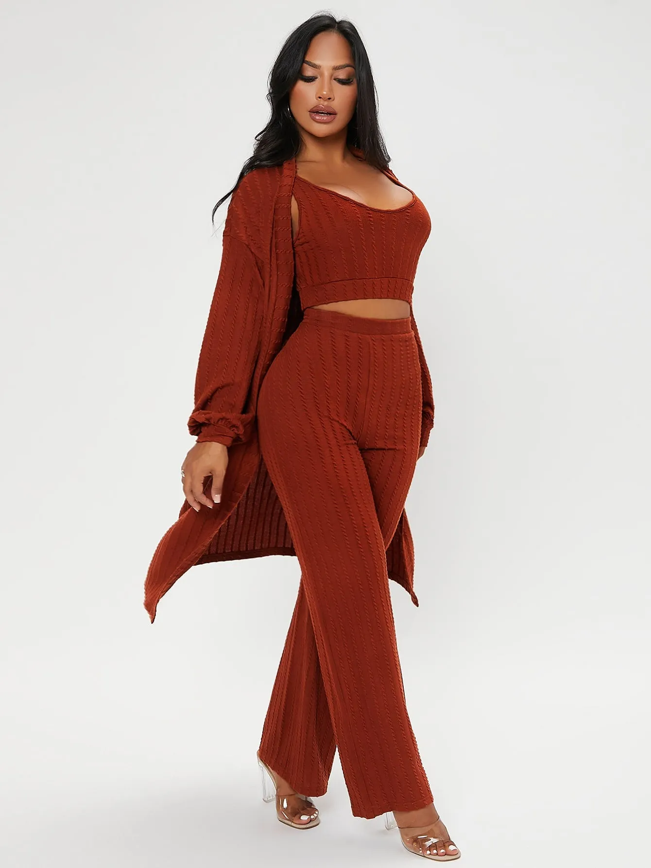 Casual Plain Rib-Knit Sleeveless Scoop Neck Women Two-Piece Outfits