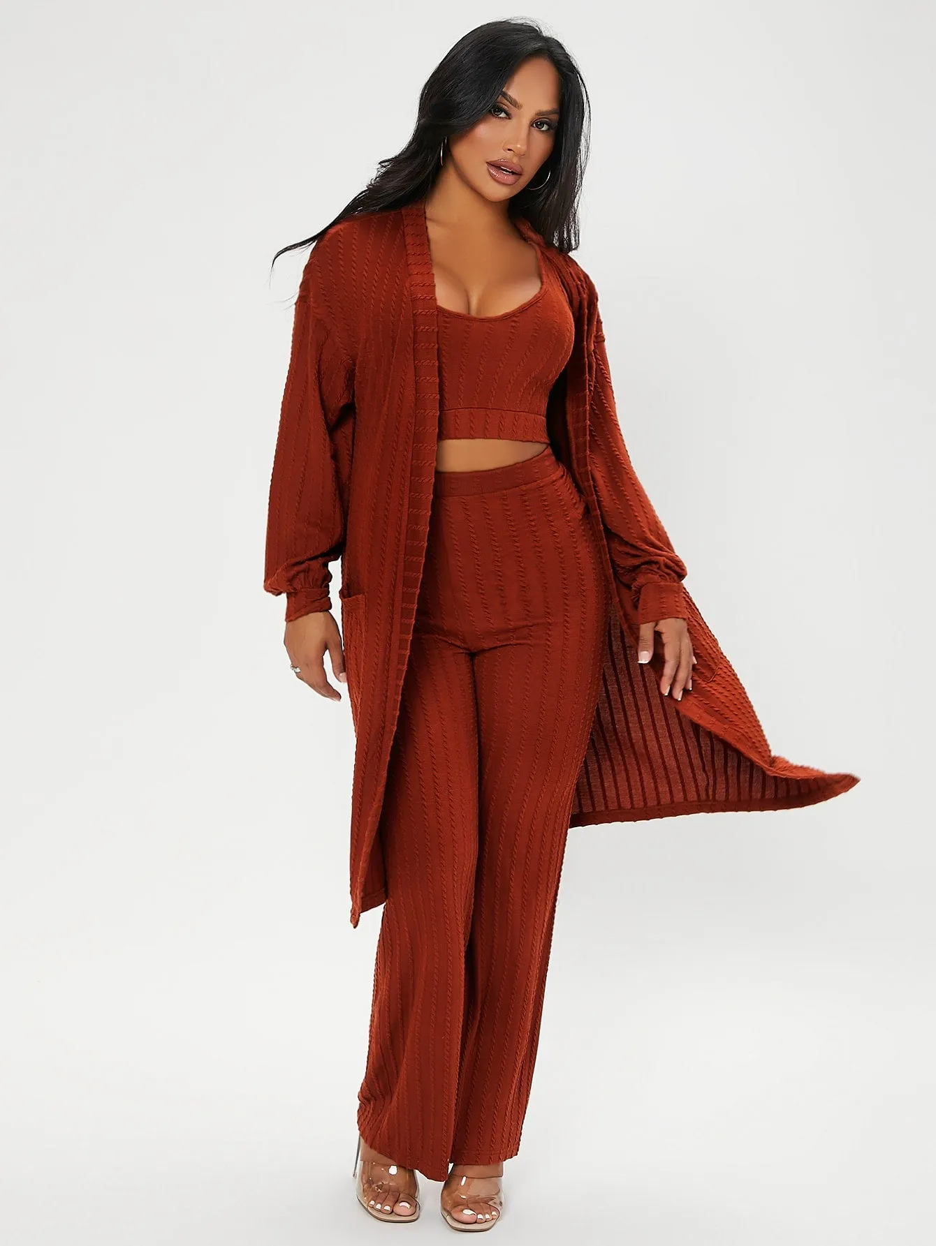 Casual Plain Rib-Knit Sleeveless Scoop Neck Women Two-Piece Outfits