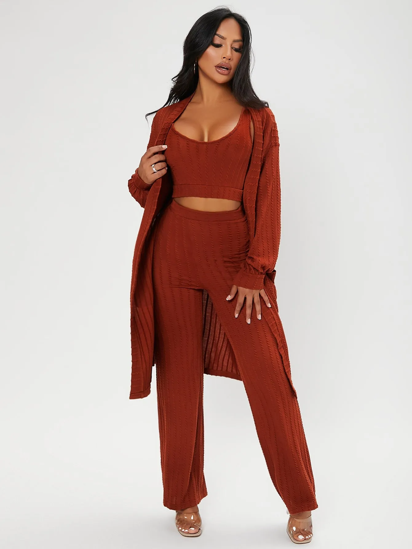 Casual Plain Rib-Knit Sleeveless Scoop Neck Women Two-Piece Outfits