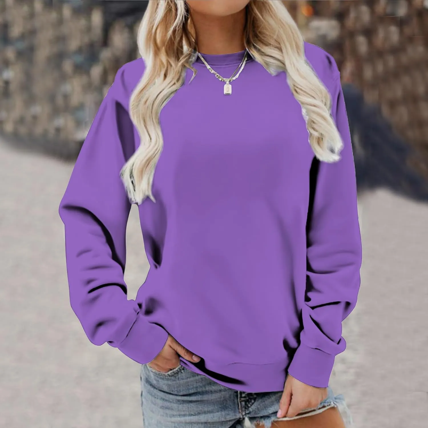 Ceboyel Womens Long Sleeve Shirts 2023 Solid Color Crew Neck Sweatshirts Loose Fit Pullover Tops Trendy Casual Fall Clothes