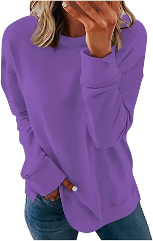 Ceboyel Womens Long Sleeve Shirts 2023 Solid Color Crew Neck Sweatshirts Loose Fit Pullover Tops Trendy Casual Fall Clothes