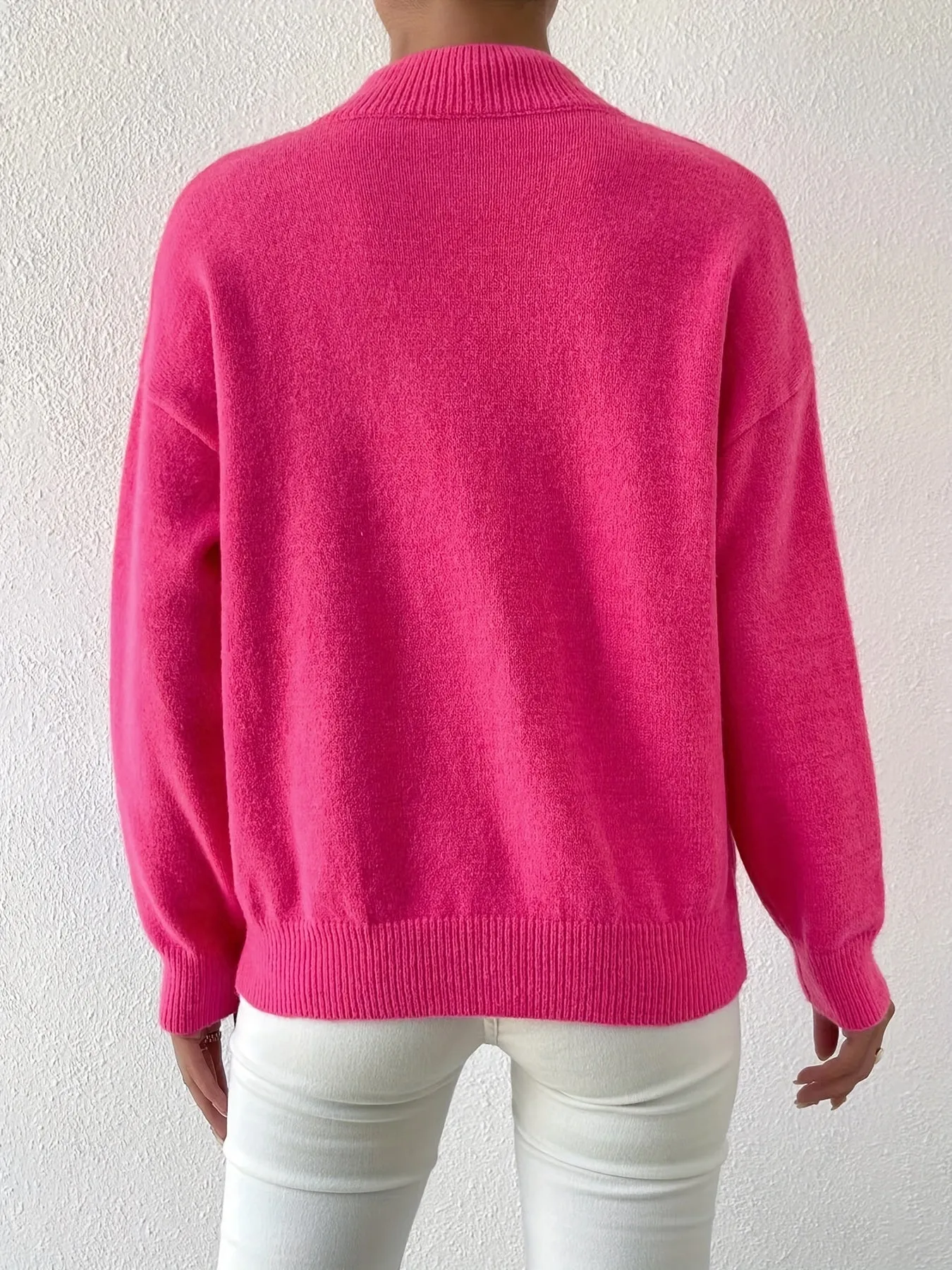 Chicmy  Solid Mock Neck Knit Sweater, Casual Drop Shoulder Long Sleeve Sweater, Women's Clothing