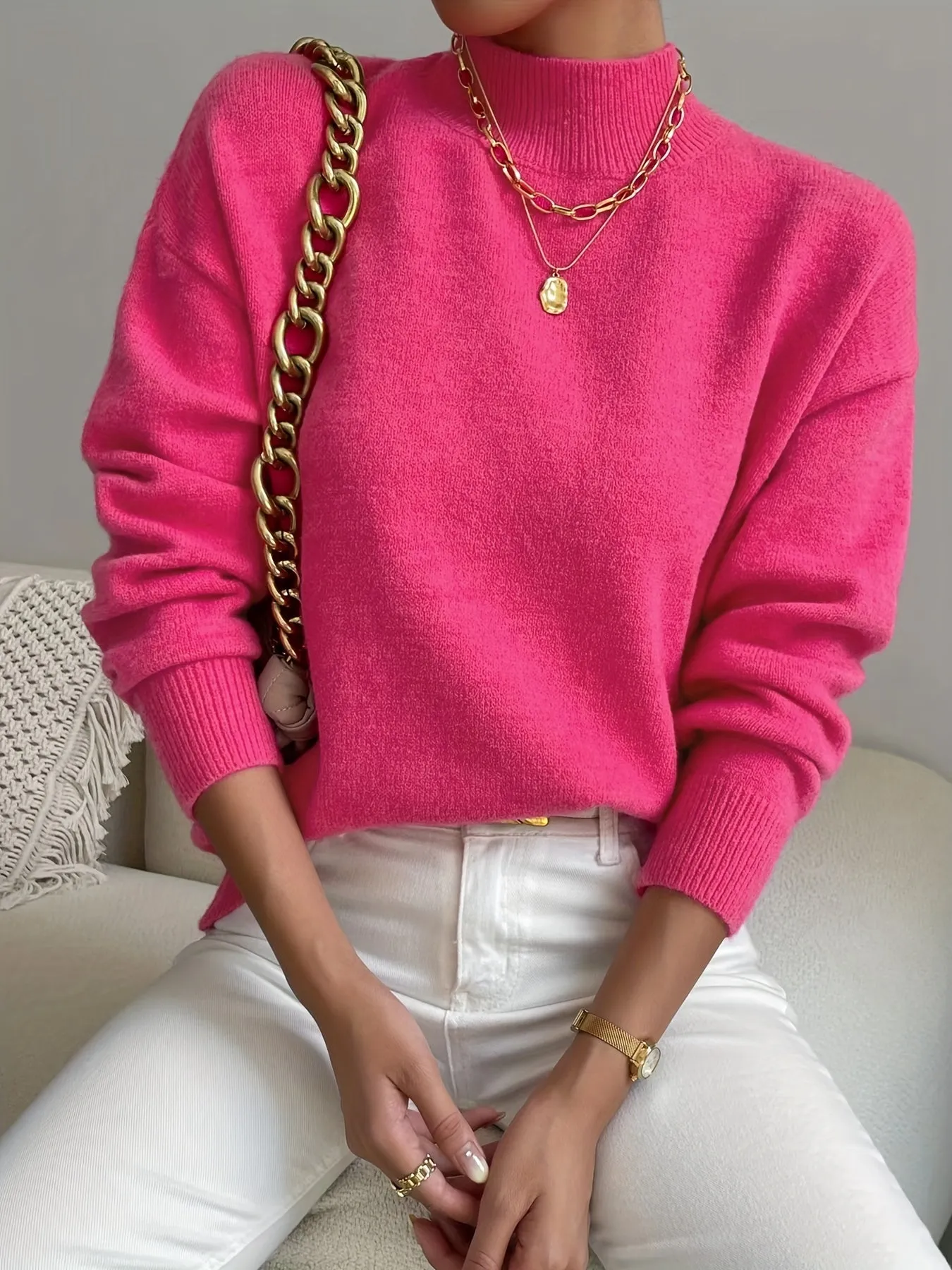 Chicmy  Solid Mock Neck Knit Sweater, Casual Drop Shoulder Long Sleeve Sweater, Women's Clothing