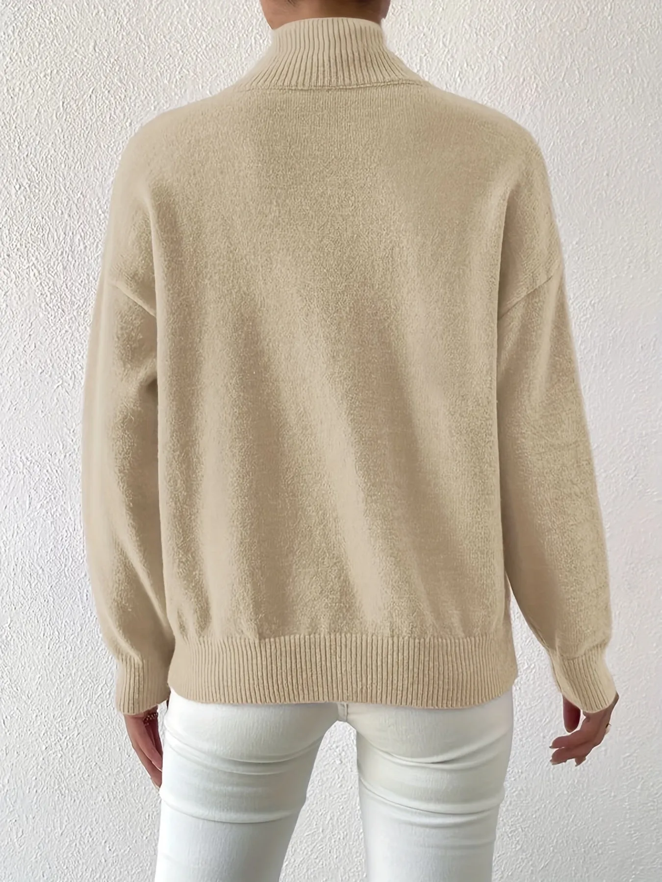 Chicmy  Solid Mock Neck Knit Sweater, Casual Drop Shoulder Long Sleeve Sweater, Women's Clothing