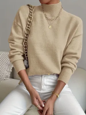 Chicmy  Solid Mock Neck Knit Sweater, Casual Drop Shoulder Long Sleeve Sweater, Women's Clothing
