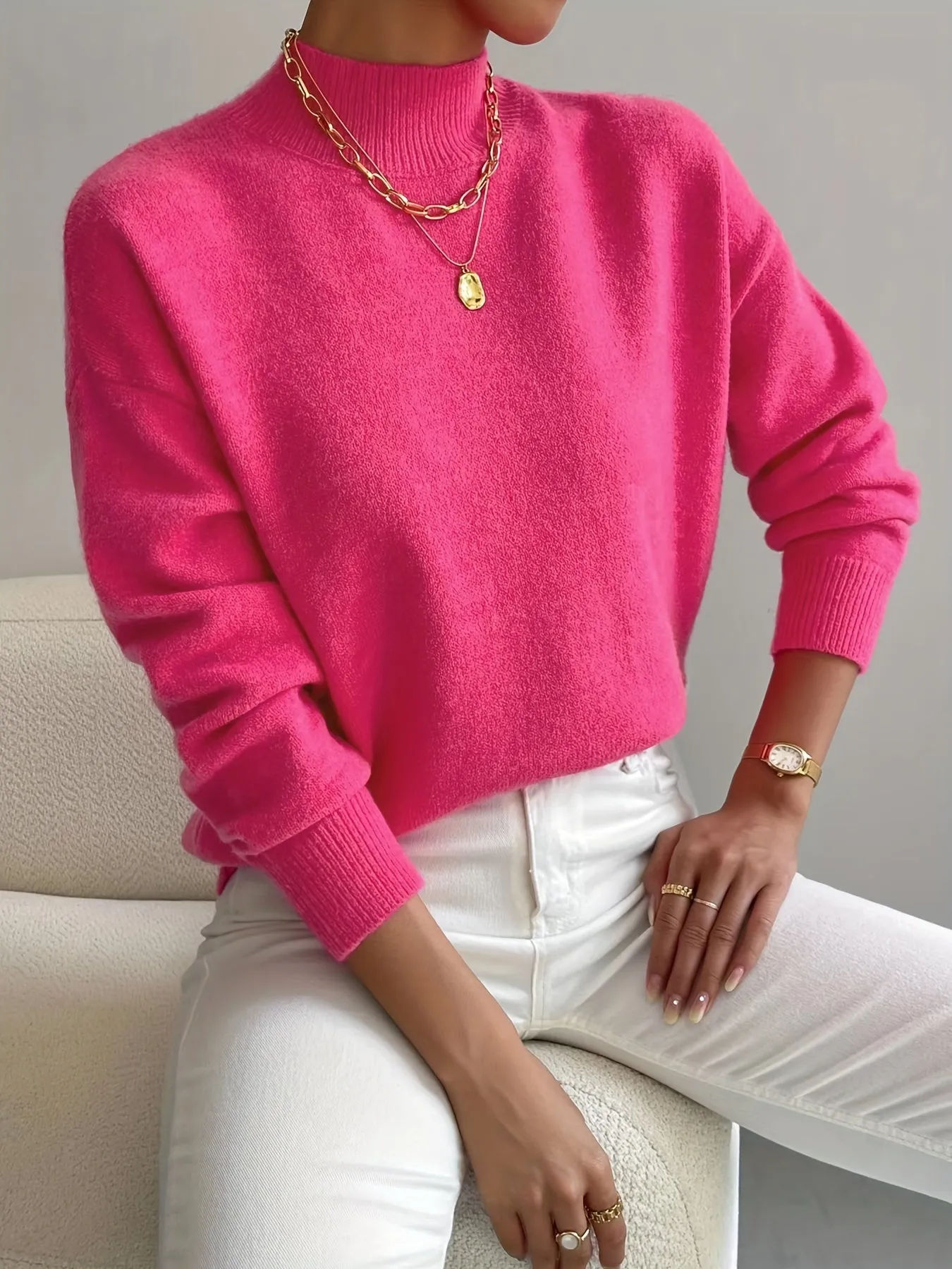 Chicmy  Solid Mock Neck Knit Sweater, Casual Drop Shoulder Long Sleeve Sweater, Women's Clothing