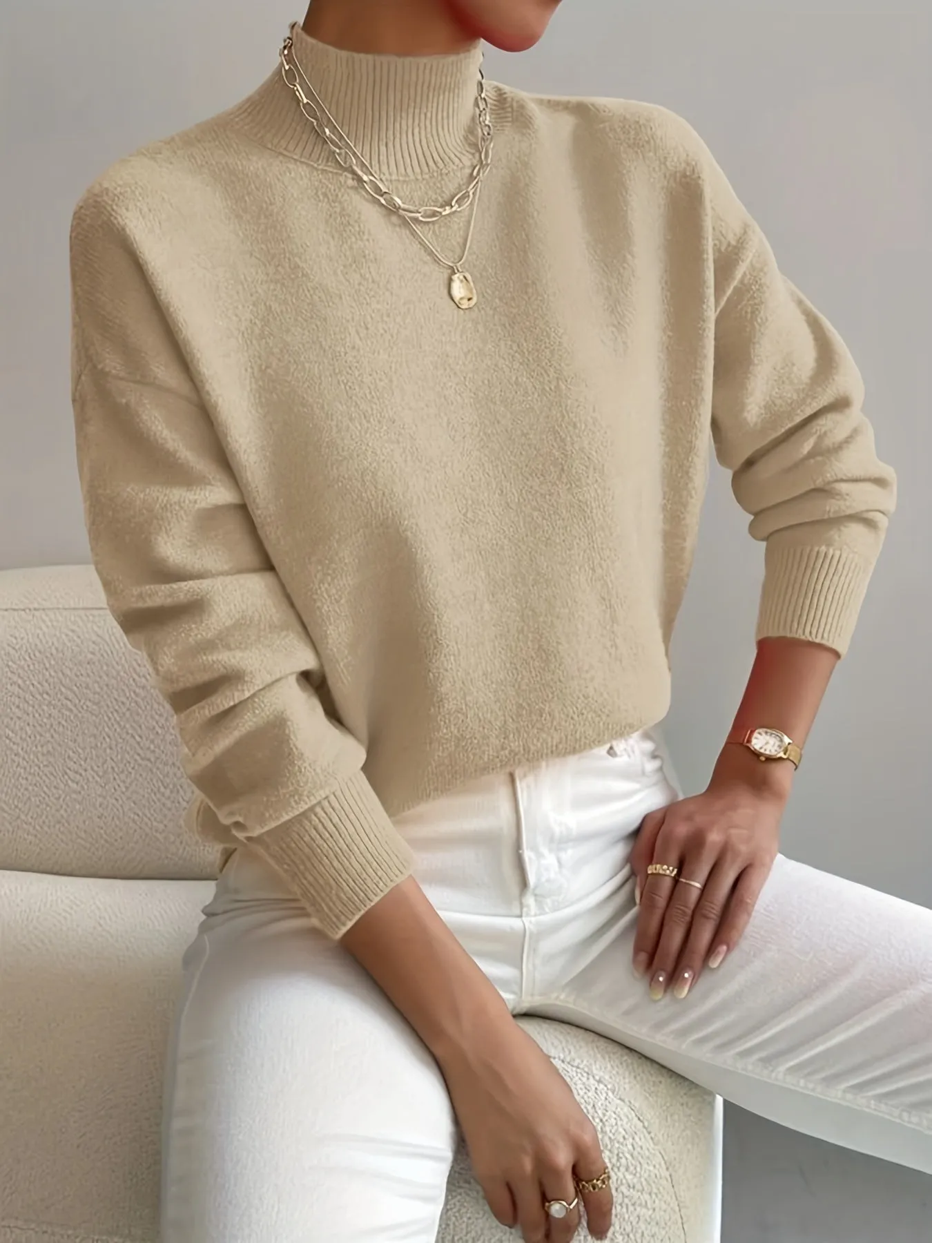Chicmy  Solid Mock Neck Knit Sweater, Casual Drop Shoulder Long Sleeve Sweater, Women's Clothing
