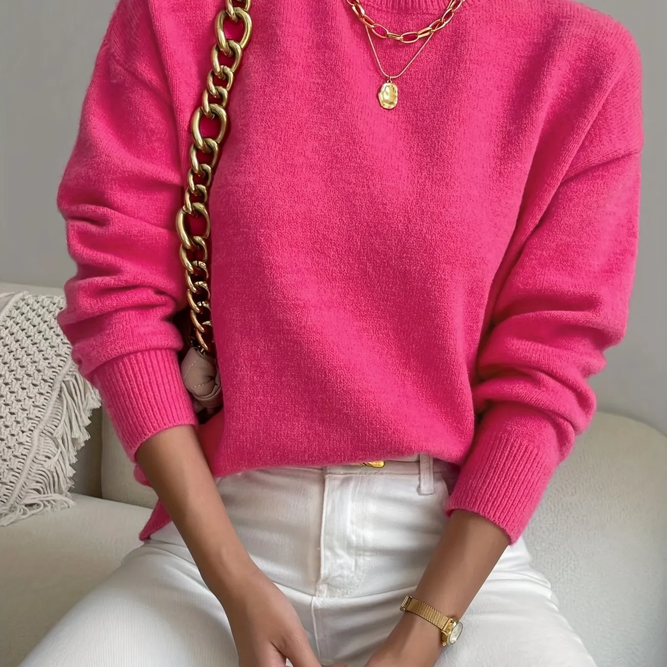 Chicmy  Solid Mock Neck Knit Sweater, Casual Drop Shoulder Long Sleeve Sweater, Women's Clothing