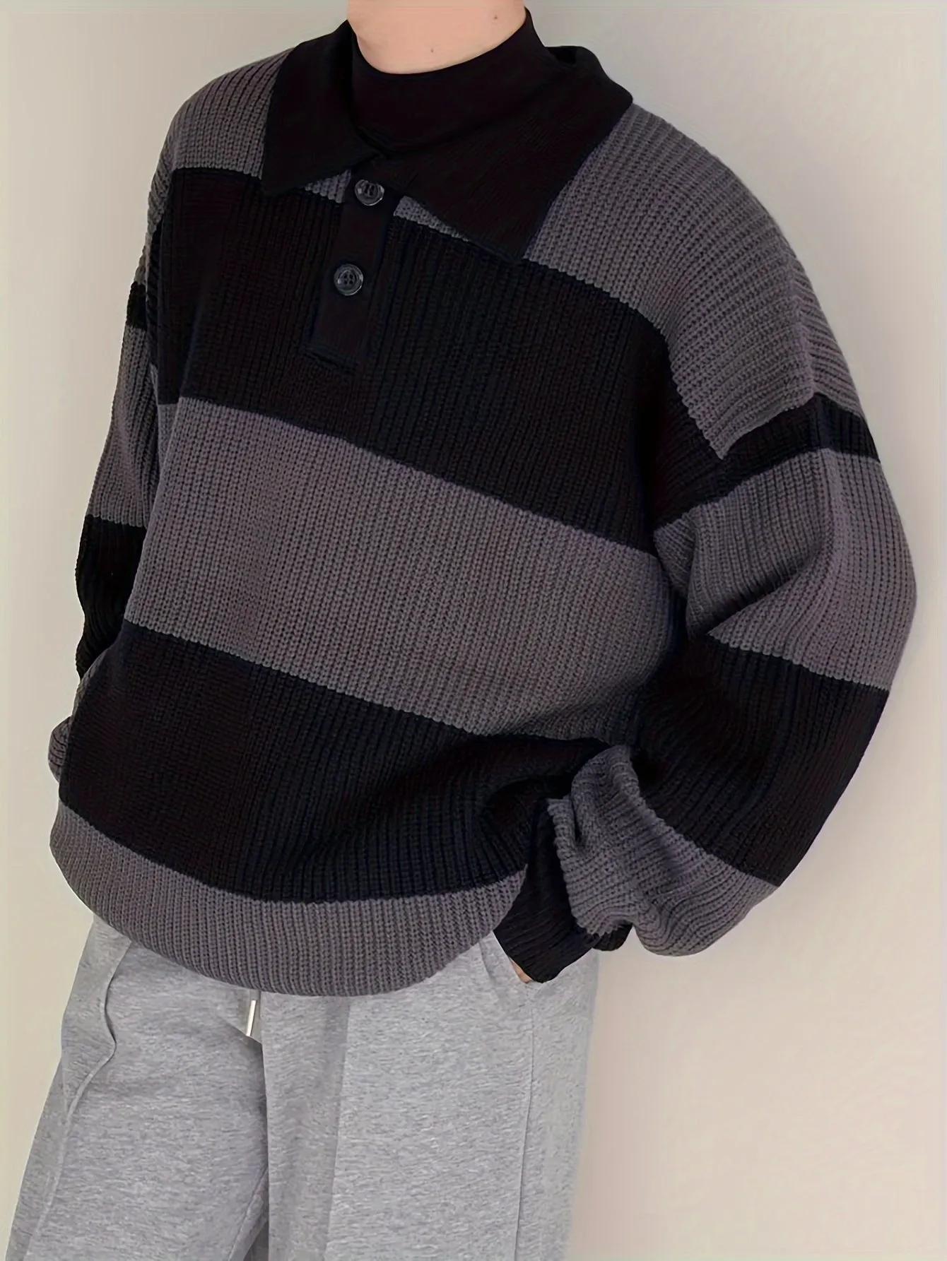 Chicmy-Valentine's Day gift Men's Stylish Color Matching Knitted Pullover, Casual Breathable Long Sleeve Lapel Top For City Walk Street Hanging Outdoor Activities