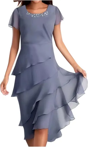 Chiffon Dresses for Women Cocktail Wedding Guest Dress Mother of The Bride Dress Short Sleeve Formal Midi Gown