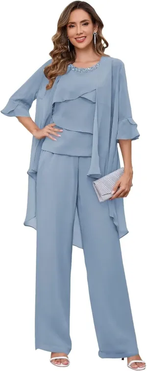 Chiffon Mother of The Bride Pant Suits for Women with Sleeves 3 Pieces Ruffle Layers Crew Neck Evening Outfit