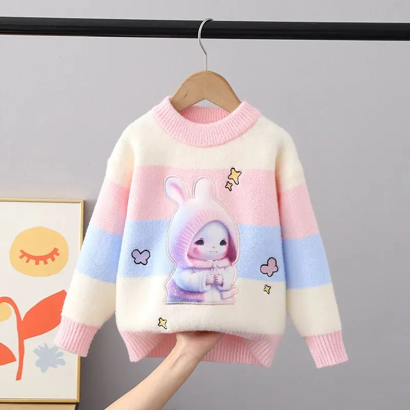 Children Sweaters Autumn Winter Girls Fluff Pullover Sweater Thickend Warm Girls' Cartoon Rabbit O-Neck Full Sleeve Knit Shirt