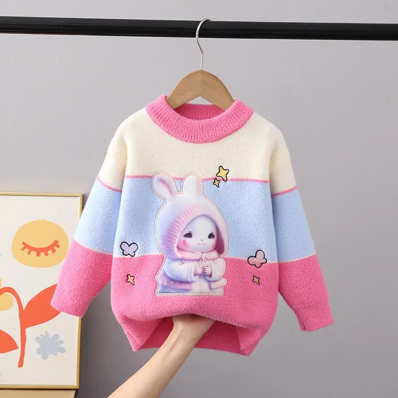 Children Sweaters Autumn Winter Girls Fluff Pullover Sweater Thickend Warm Girls' Cartoon Rabbit O-Neck Full Sleeve Knit Shirt