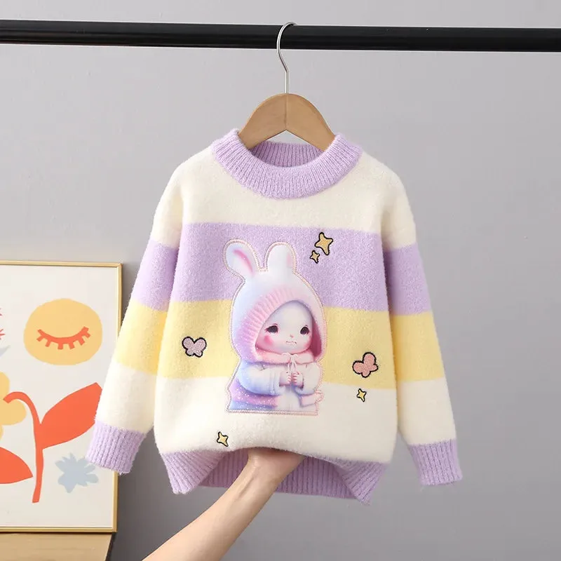 Children Sweaters Autumn Winter Girls Fluff Pullover Sweater Thickend Warm Girls' Cartoon Rabbit O-Neck Full Sleeve Knit Shirt