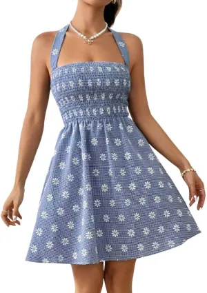 chouyatou Women's Retro Plaid Smocked Dress Sexy Halter Neck Daisy Floral Swing Beach Party Mini Dress