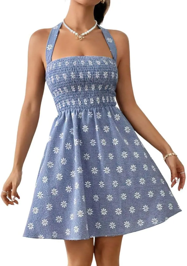 chouyatou Women's Retro Plaid Smocked Dress Sexy Halter Neck Daisy Floral Swing Beach Party Mini Dress