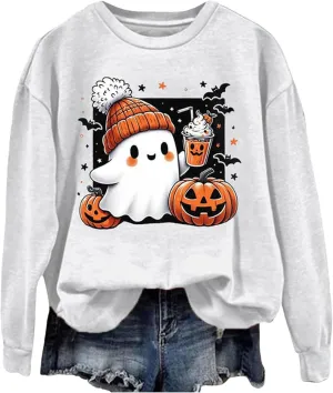 Christmas Halloween Sweatshirts For Women Pumpkin Ghost Pullover Sweater Cute Trendy Sweatshirt Funny Graphic Clothes