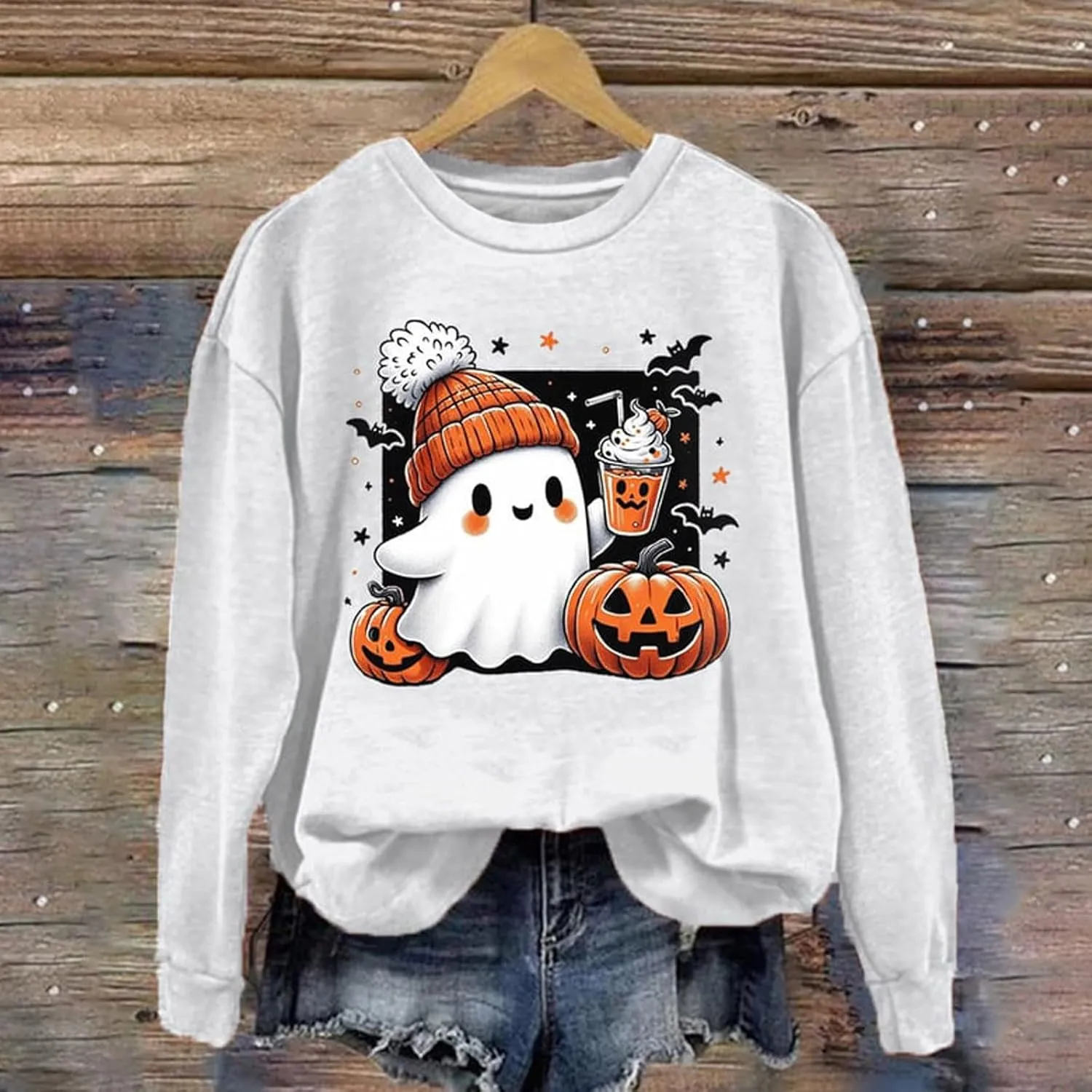 Christmas Halloween Sweatshirts For Women Pumpkin Ghost Pullover Sweater Cute Trendy Sweatshirt Funny Graphic Clothes