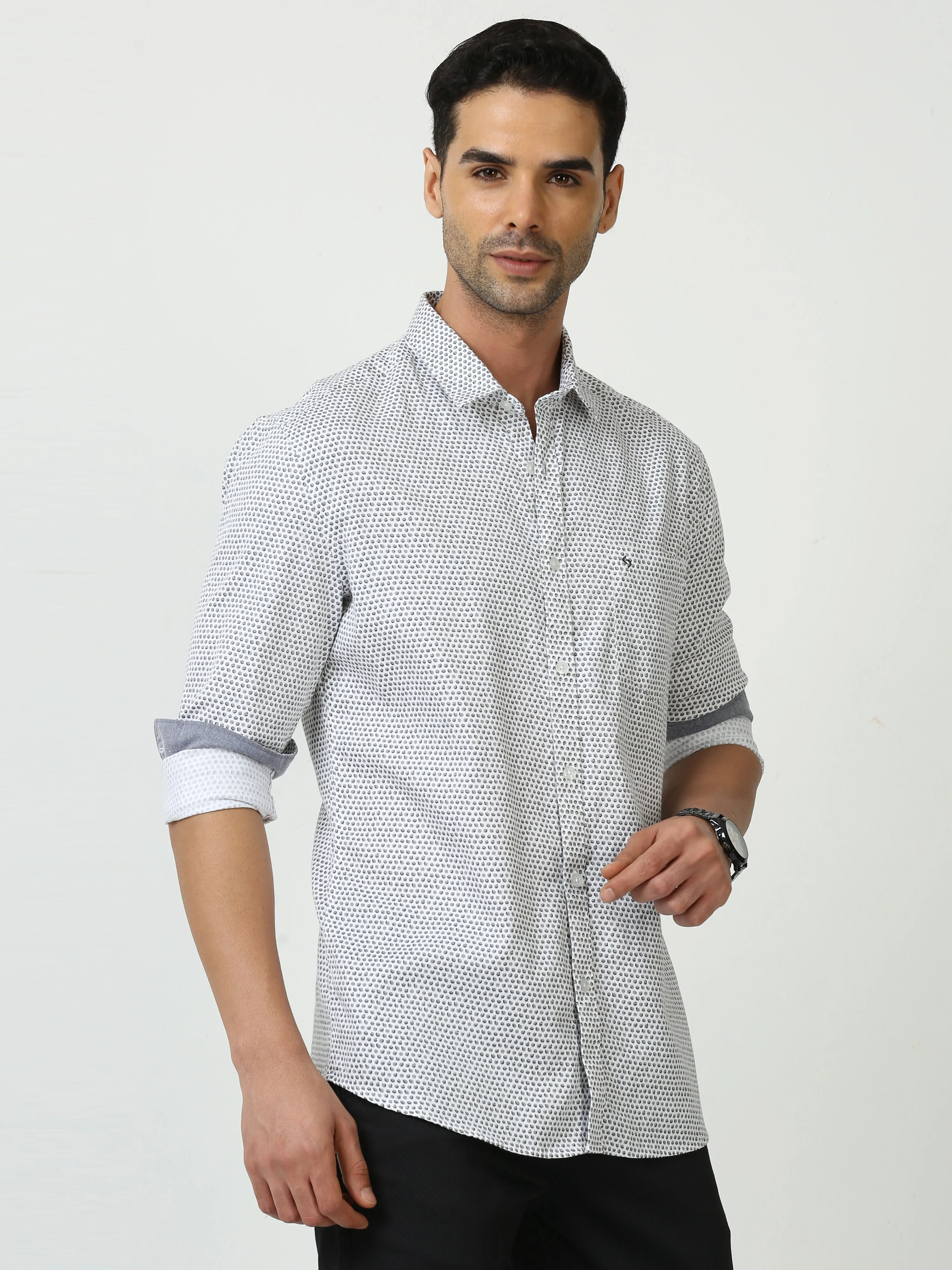 Classic Polo Mens Cotton Full Sleeve Printed Slim Fit Polo Neck White Color Casual Shirt | SO2-45 A-FS-PRT-SF