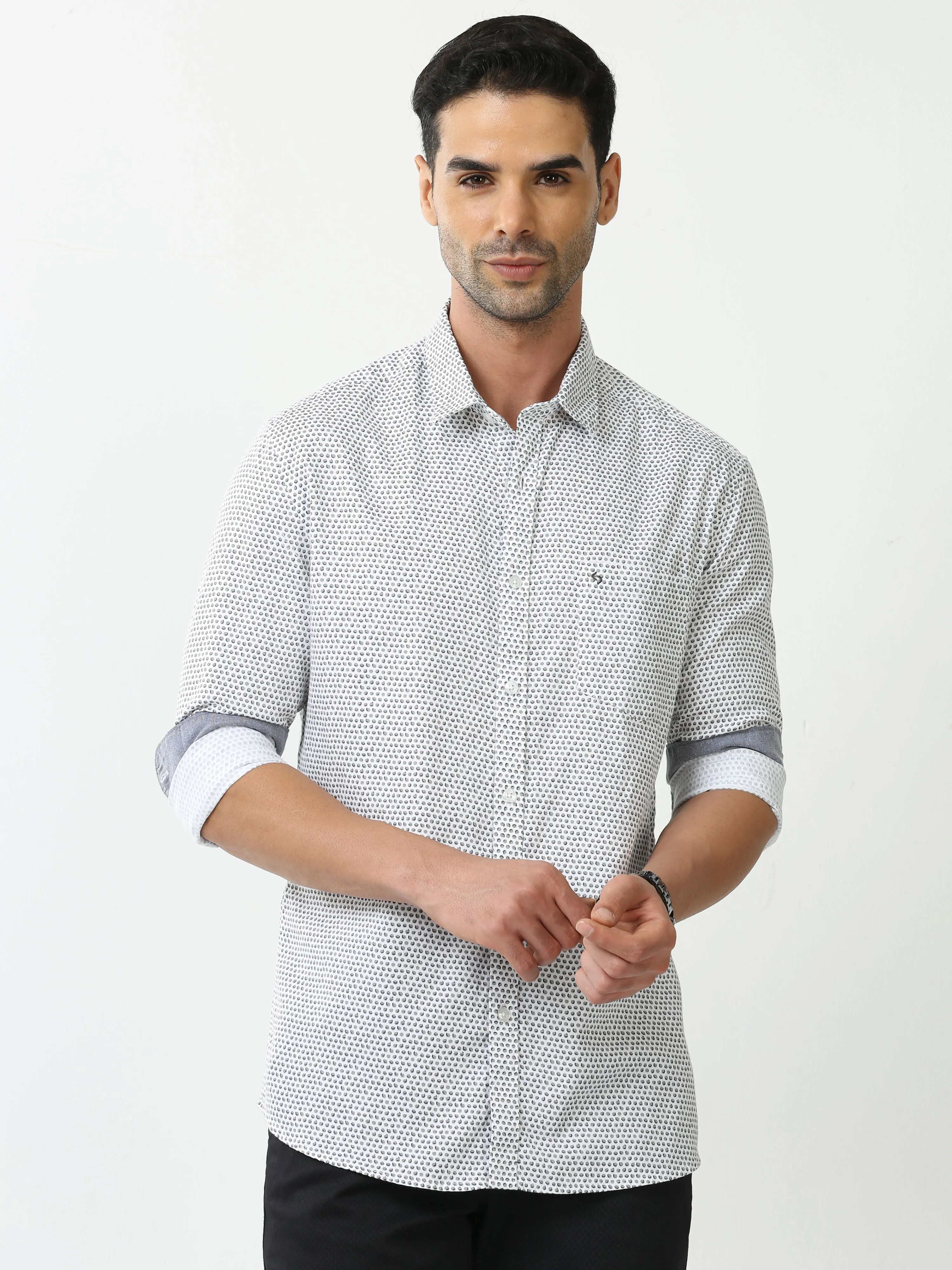 Classic Polo Mens Cotton Full Sleeve Printed Slim Fit Polo Neck White Color Casual Shirt | SO2-45 A-FS-PRT-SF