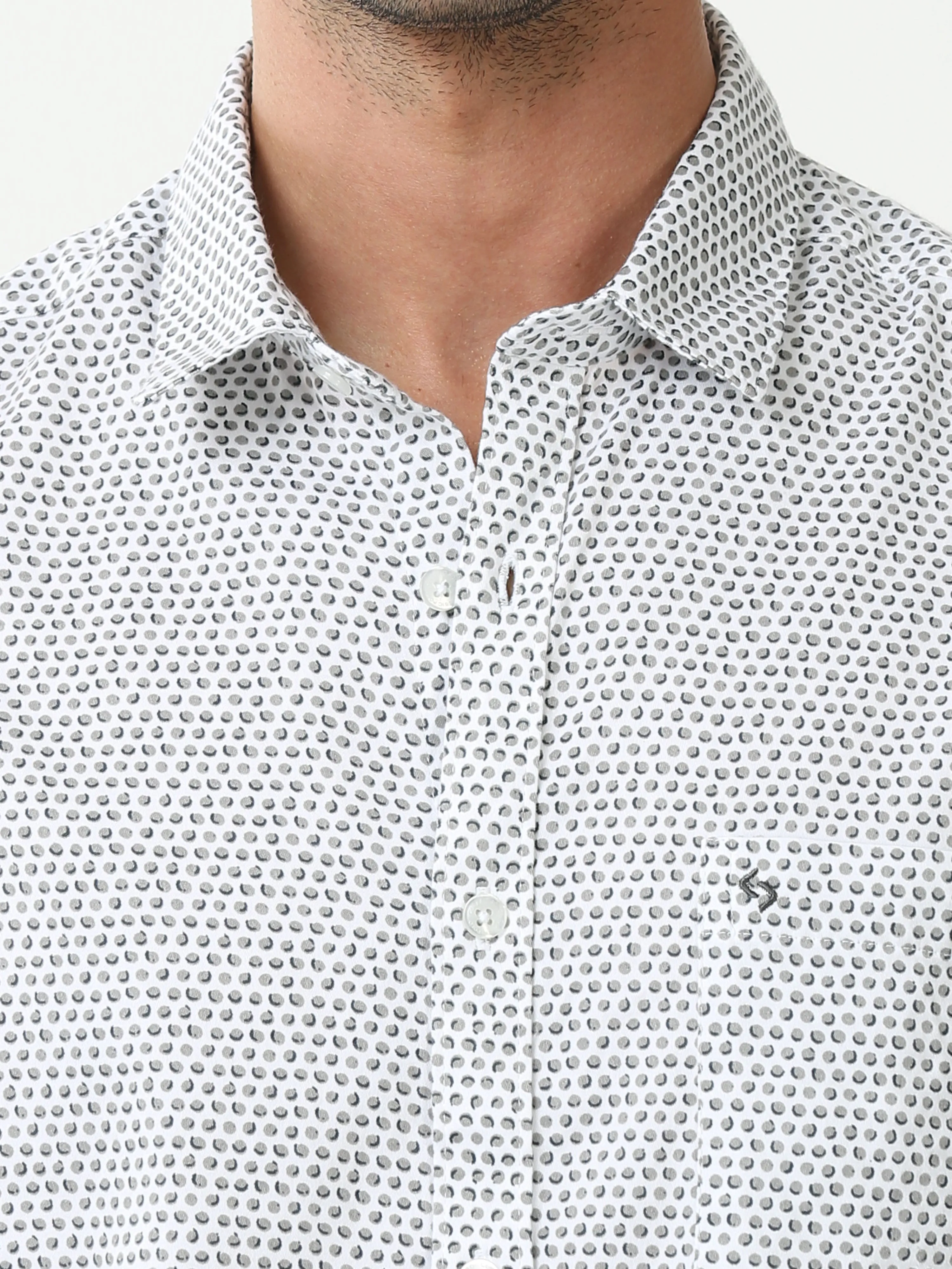 Classic Polo Mens Cotton Full Sleeve Printed Slim Fit Polo Neck White Color Casual Shirt | SO2-45 A-FS-PRT-SF