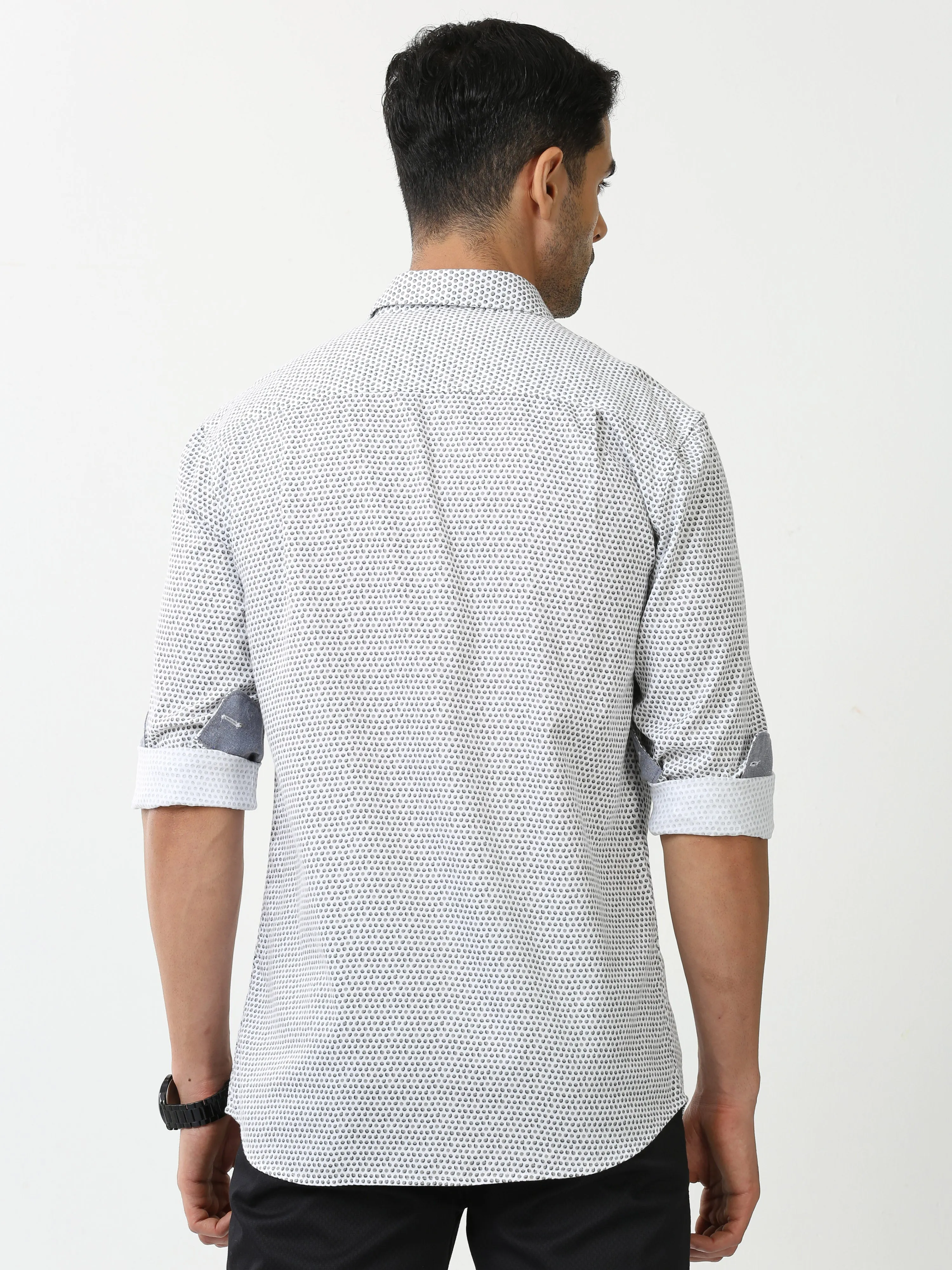 Classic Polo Mens Cotton Full Sleeve Printed Slim Fit Polo Neck White Color Casual Shirt | SO2-45 A-FS-PRT-SF