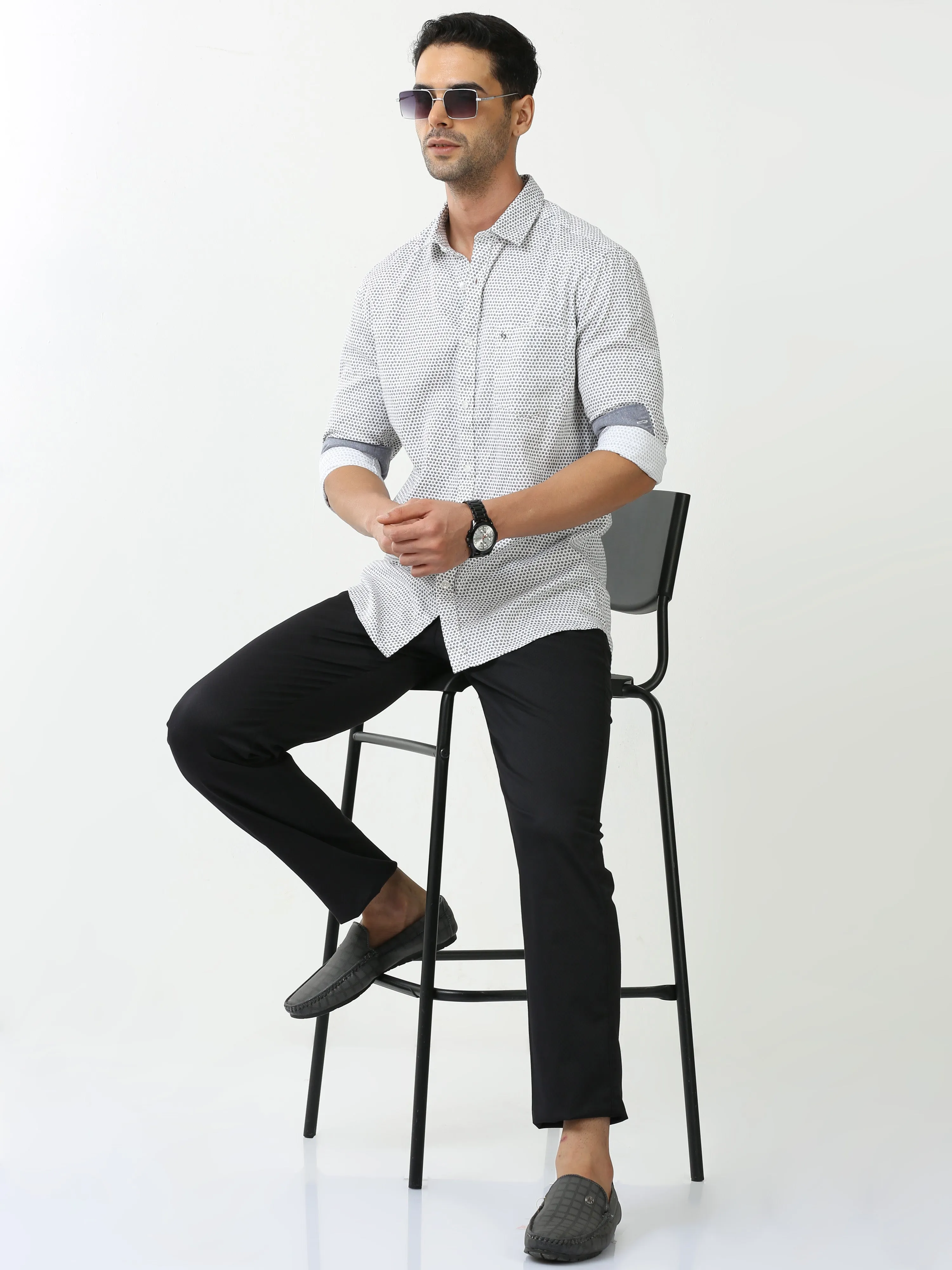Classic Polo Mens Cotton Full Sleeve Printed Slim Fit Polo Neck White Color Casual Shirt | SO2-45 A-FS-PRT-SF