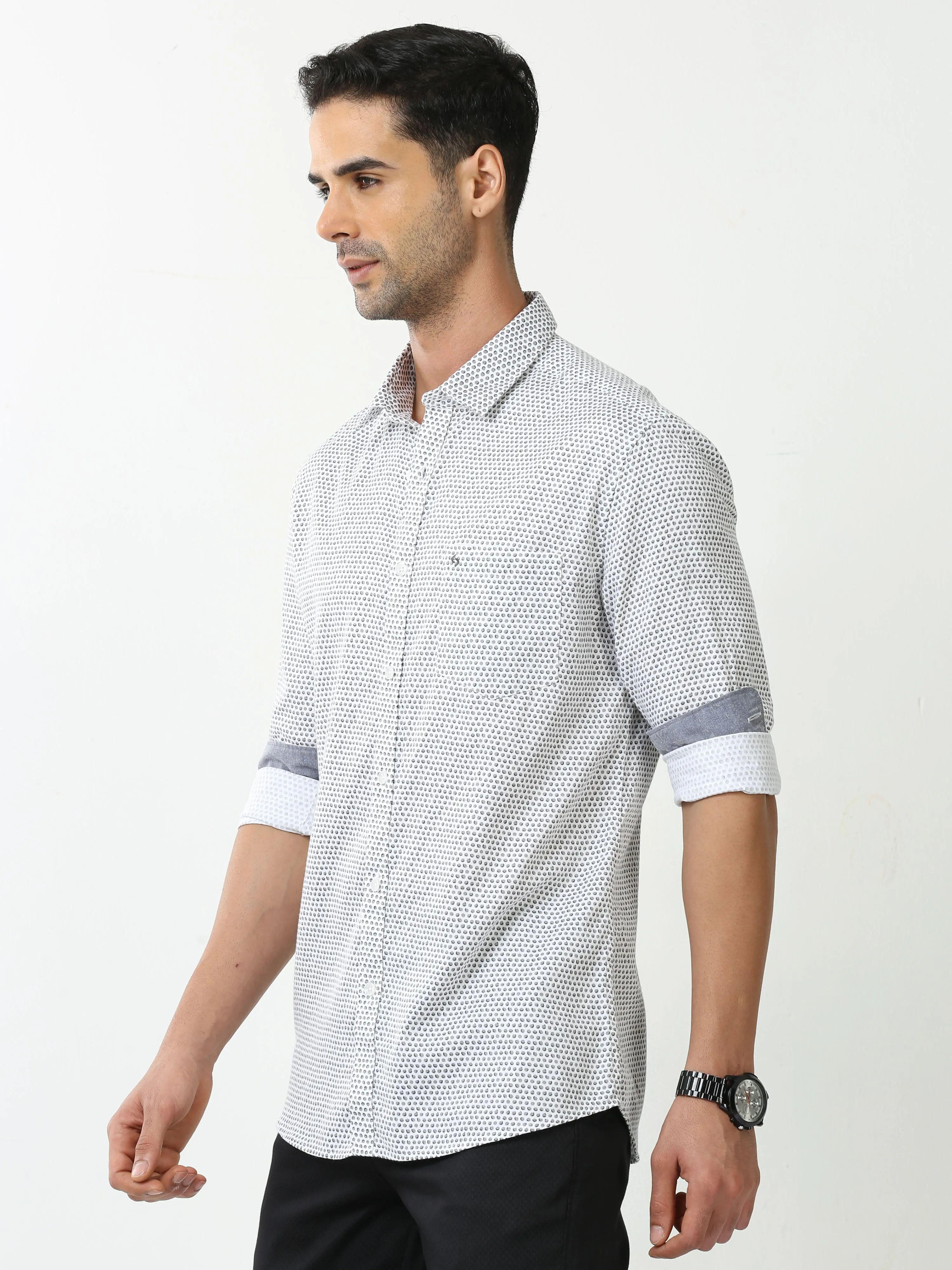 Classic Polo Mens Cotton Full Sleeve Printed Slim Fit Polo Neck White Color Casual Shirt | SO2-45 A-FS-PRT-SF