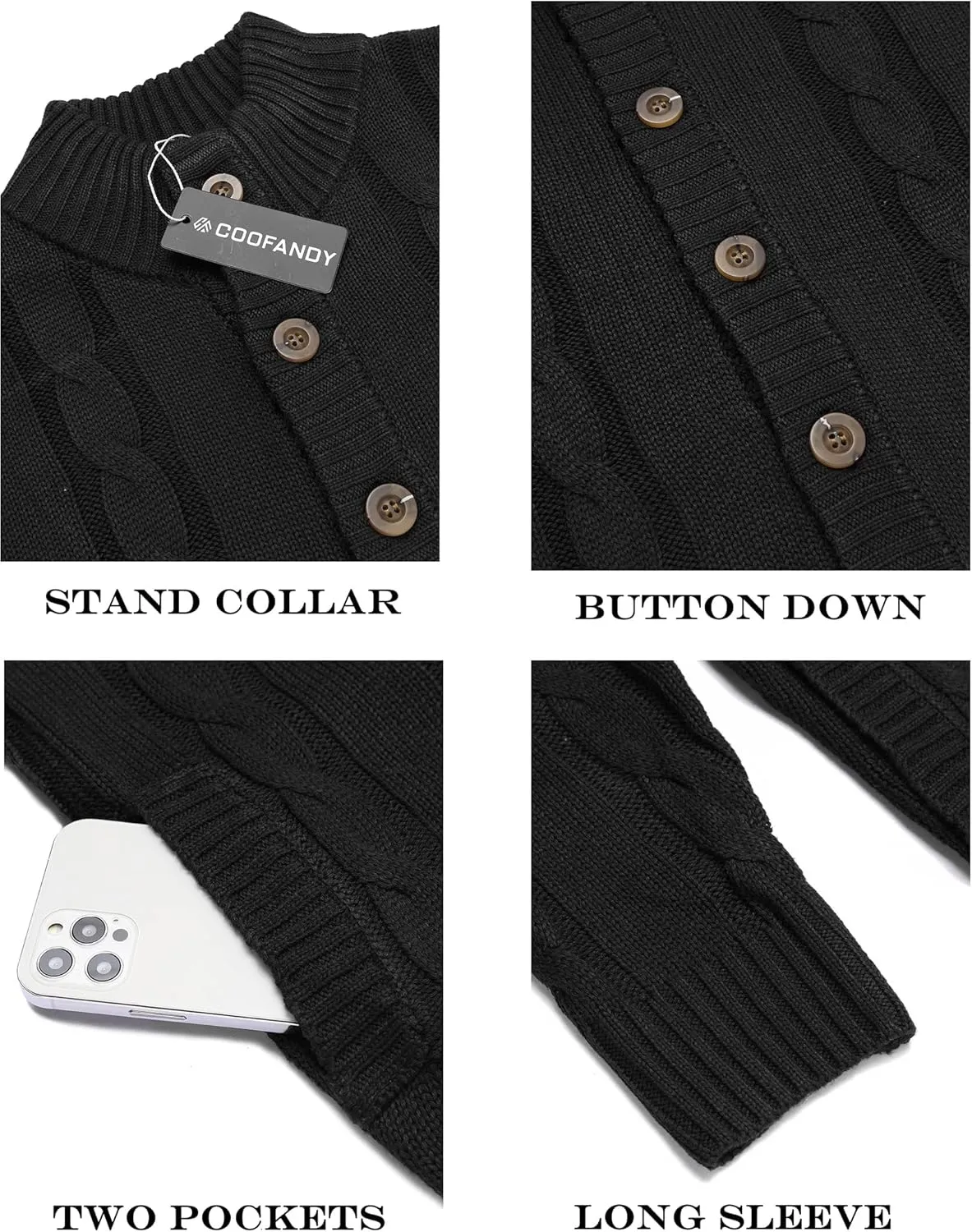 COOFANDY Men's Cardigan Sweater Slim Fit Stand Collar Cardigan Casual Cable Knitted Button Down Sweater with Pockets
