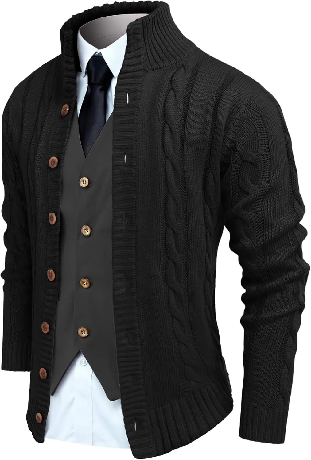 COOFANDY Men's Cardigan Sweater Slim Fit Stand Collar Cardigan Casual Cable Knitted Button Down Sweater with Pockets