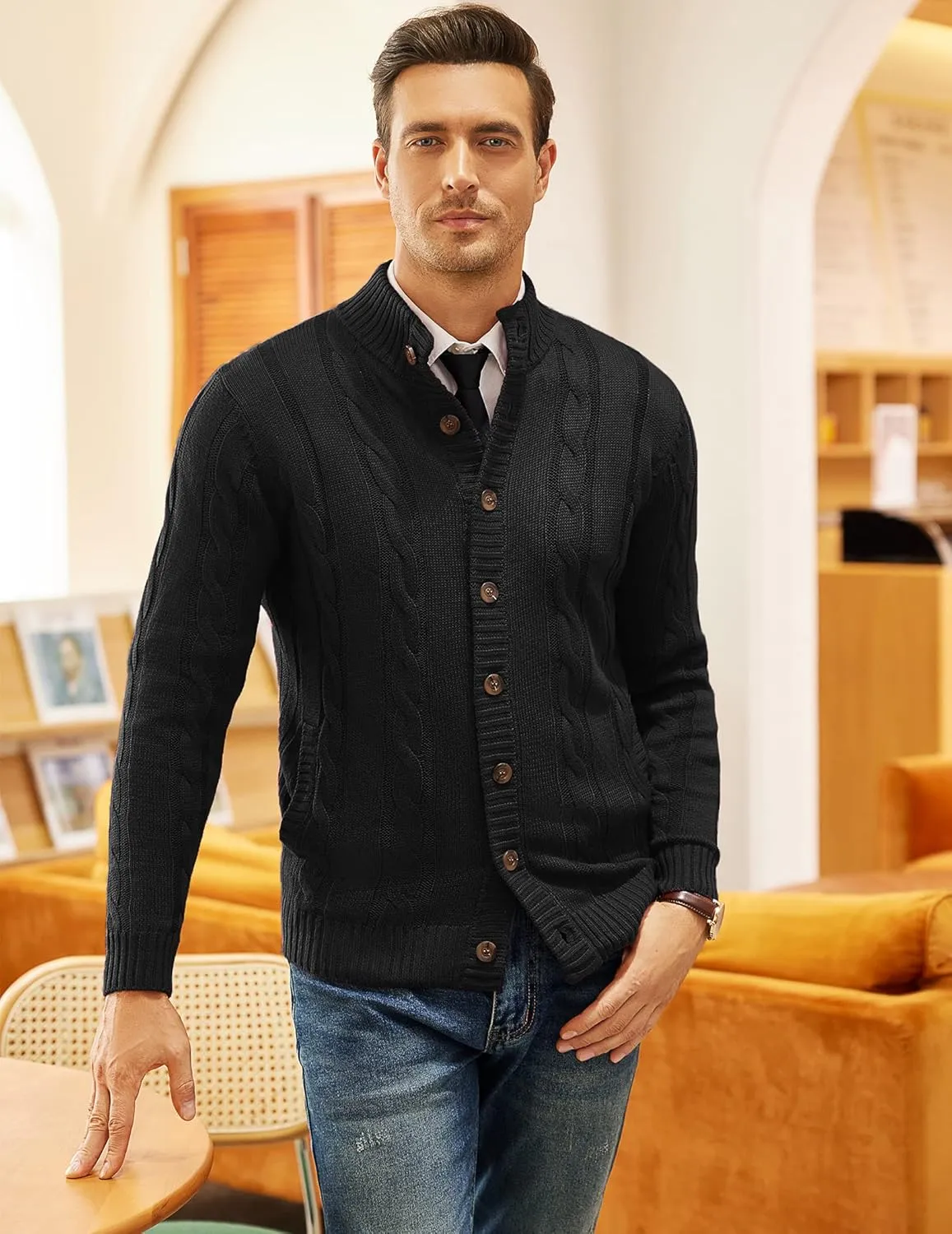 COOFANDY Men's Cardigan Sweater Slim Fit Stand Collar Cardigan Casual Cable Knitted Button Down Sweater with Pockets