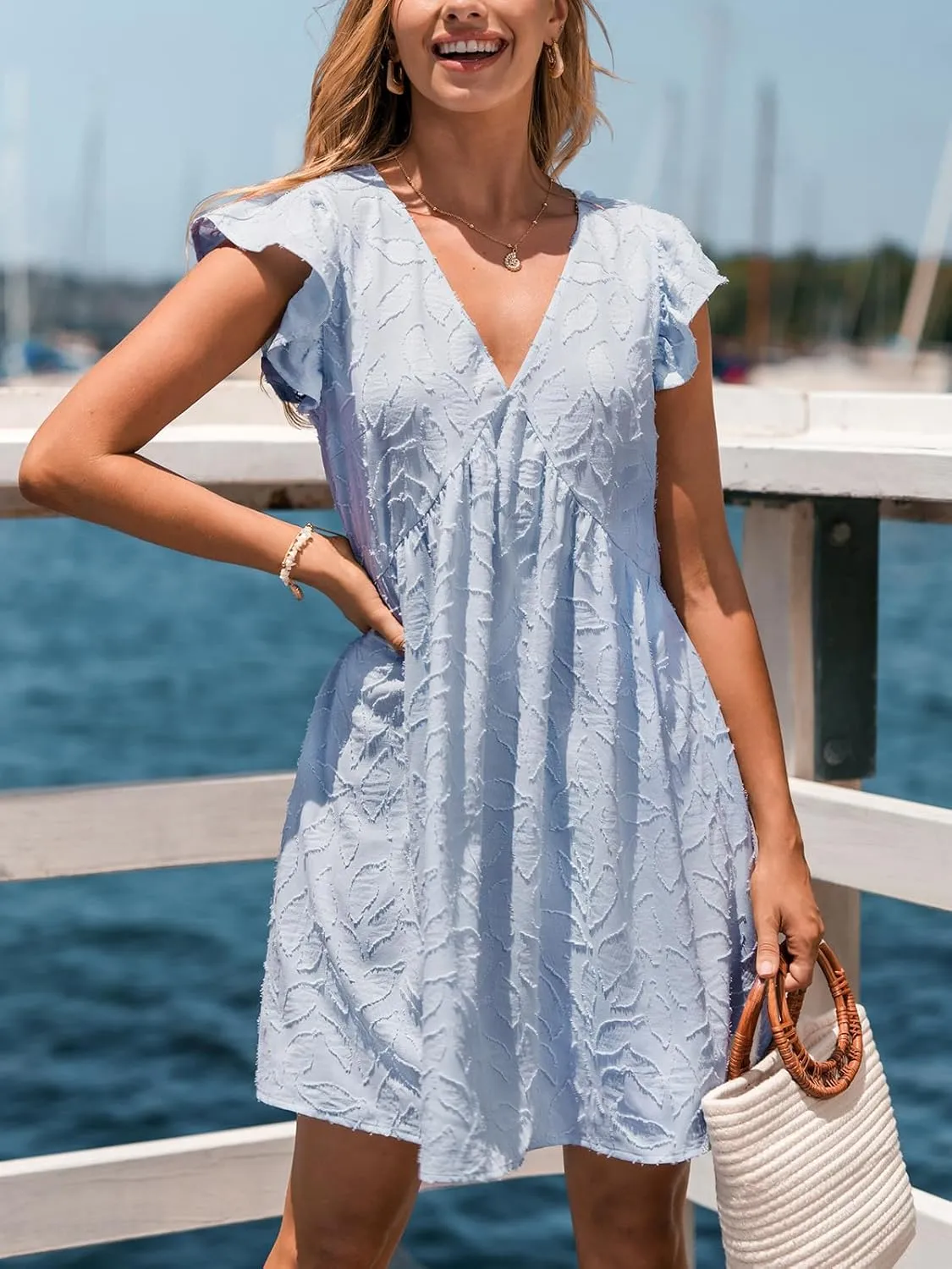 CUPSHE Women Ruffle Summer Dresses 2025 V Neck Flutter Sleeve Smocked Casual Sun Dress Holiday Beach Vacation Mini Dress