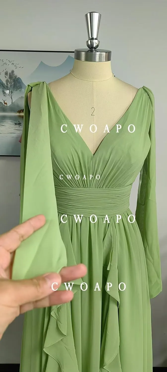 CWOAPO V Neck Ruffles Bridesmaid Dresses for Women Chiffon Long Ruched Empire Waist Formal Evening Party Gowns for Wedding