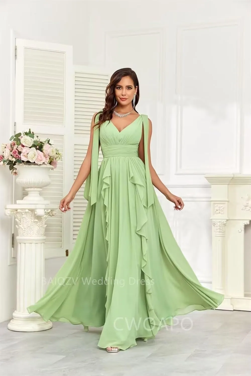 CWOAPO V Neck Ruffles Bridesmaid Dresses for Women Chiffon Long Ruched Empire Waist Formal Evening Party Gowns for Wedding
