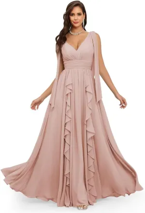 CWOAPO V Neck Ruffles Bridesmaid Dresses for Women Chiffon Long Ruched Empire Waist Formal Evening Party Gowns for Wedding