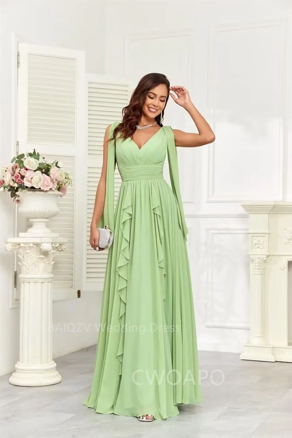 CWOAPO V Neck Ruffles Bridesmaid Dresses for Women Chiffon Long Ruched Empire Waist Formal Evening Party Gowns for Wedding