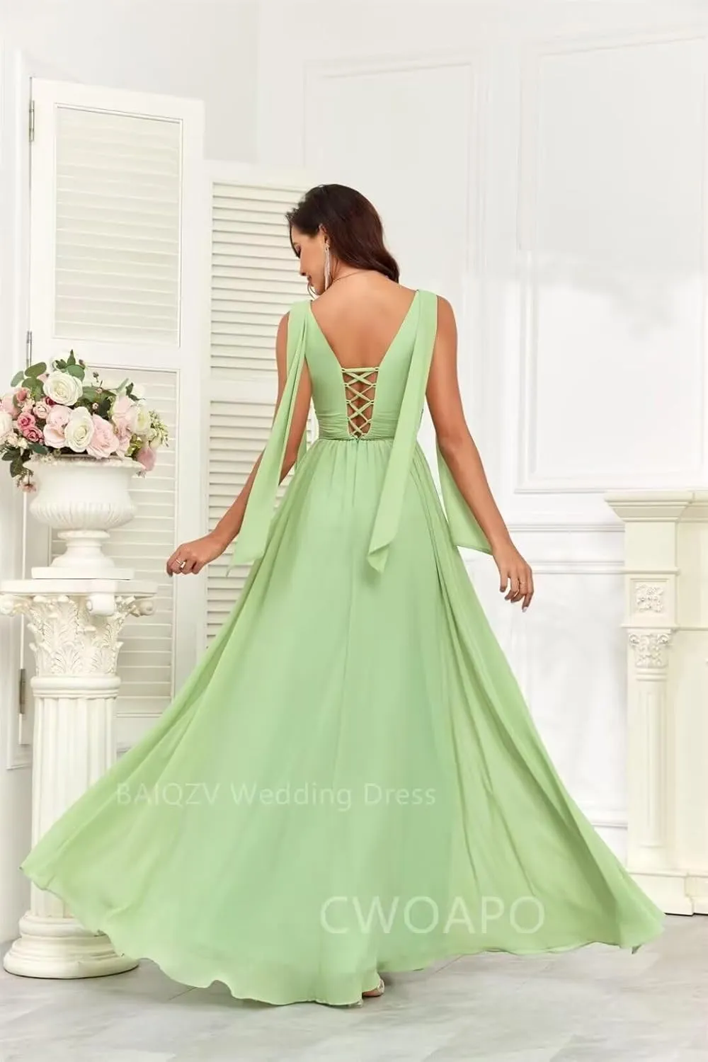 CWOAPO V Neck Ruffles Bridesmaid Dresses for Women Chiffon Long Ruched Empire Waist Formal Evening Party Gowns for Wedding