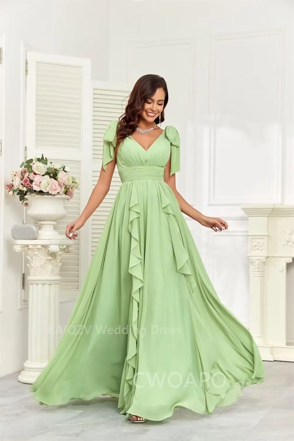 CWOAPO V Neck Ruffles Bridesmaid Dresses for Women Chiffon Long Ruched Empire Waist Formal Evening Party Gowns for Wedding