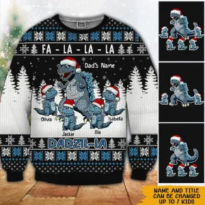 Dad Custom Wool Sweater Fa La La Dadzilla Personalized Christmas Gift