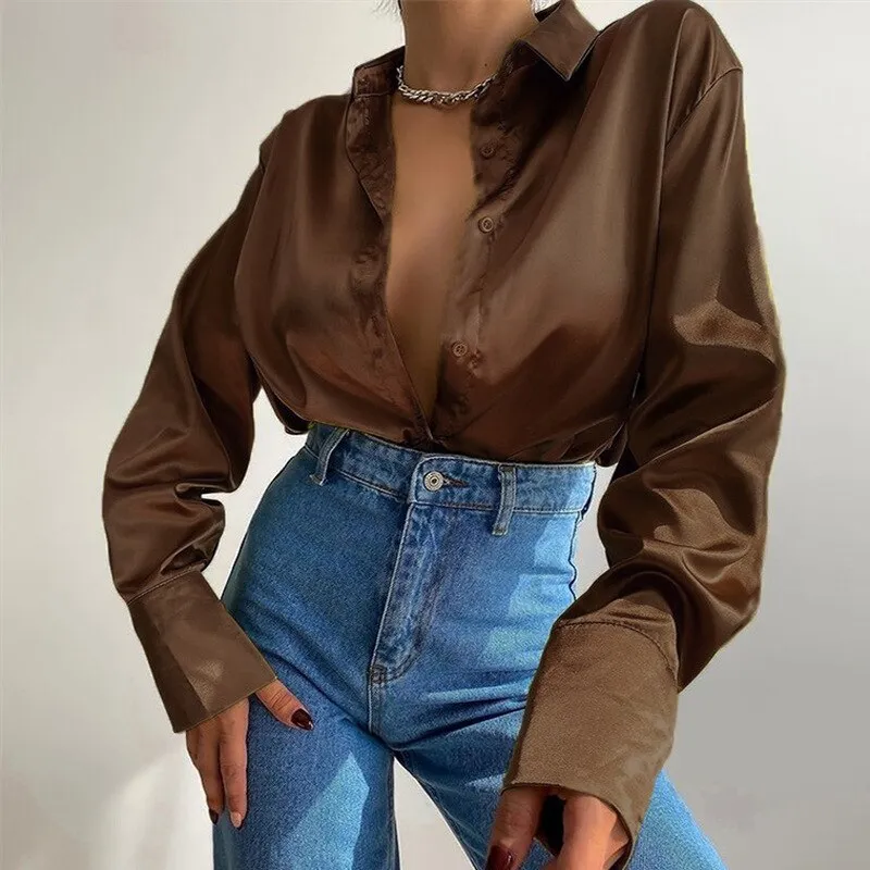 deanwangkt Long Sleeve Blouses Women Tops  Vintage Blue Green Silk Shirt Casual Loose Button Up Female Shirts Fashion Tops 18913