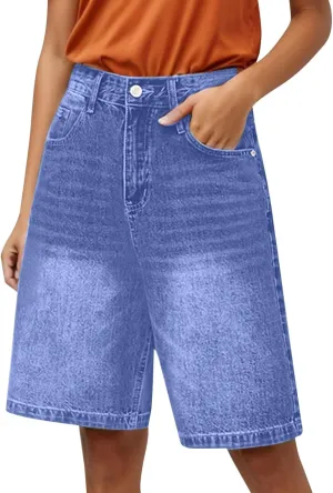 Denim Shorts Womens High Waisted Summer Jeanshort Baggy Casual Bermuda Shorts Knee Length Short Pants with Pockets
