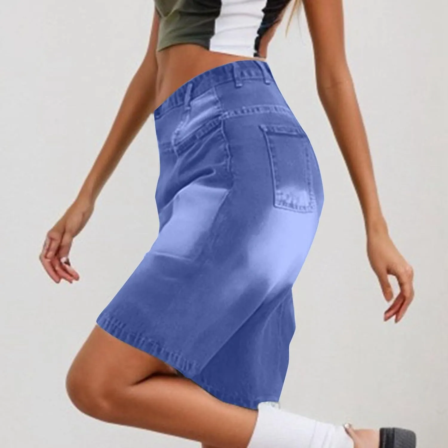 Denim Shorts Womens High Waisted Summer Jeanshort Baggy Casual Bermuda Shorts Knee Length Short Pants with Pockets