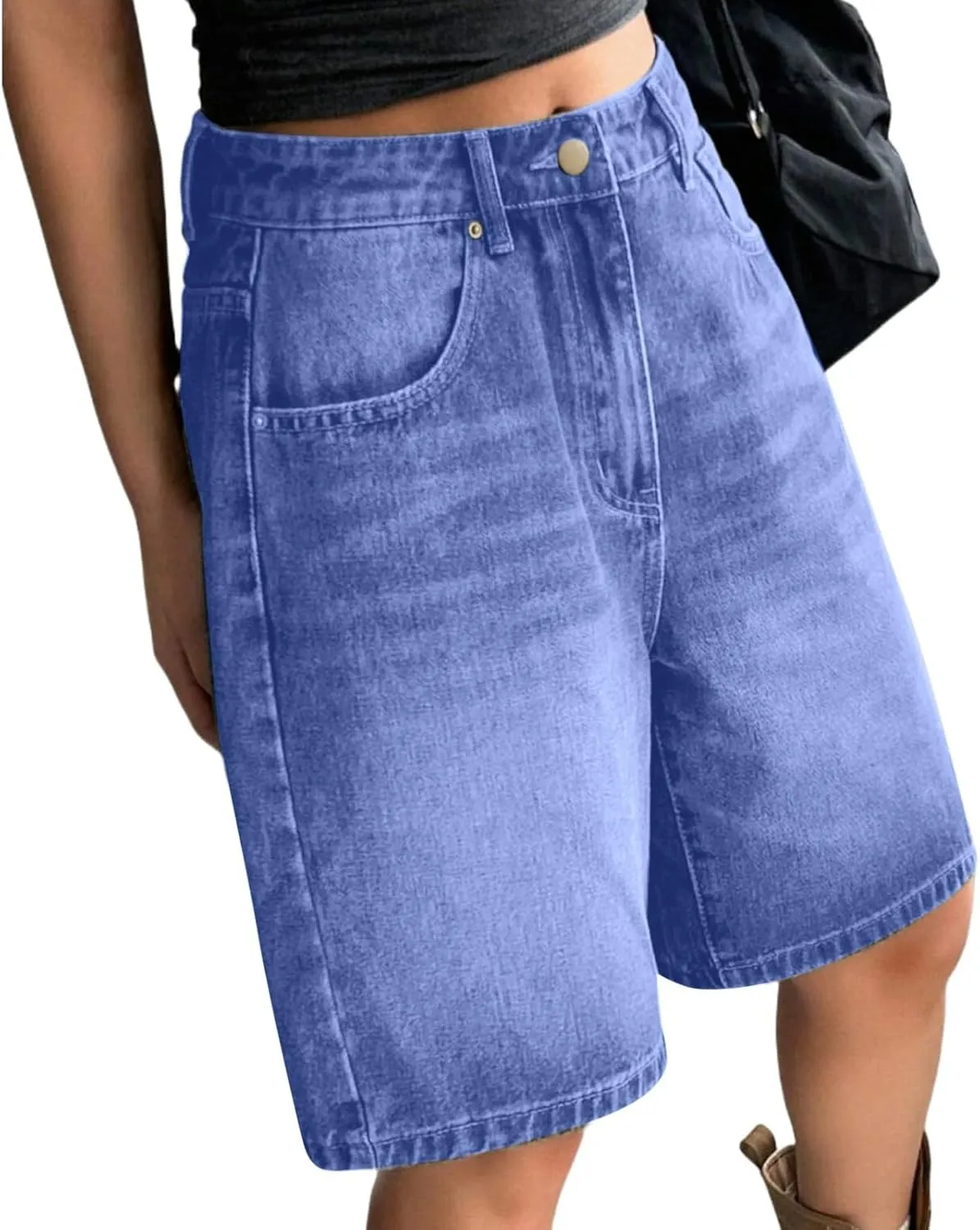 Denim Shorts Womens High Waisted Summer Jeanshort Baggy Casual Bermuda Shorts Knee Length Short Pants with Pockets