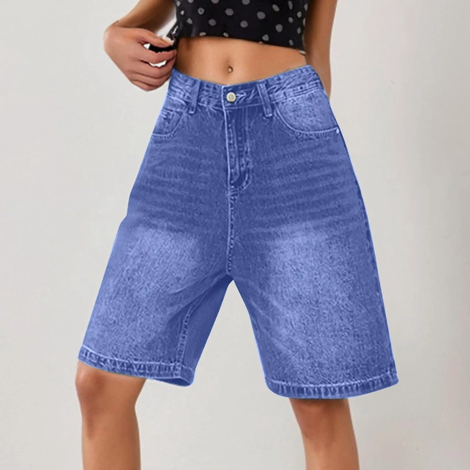 Denim Shorts Womens High Waisted Summer Jeanshort Baggy Casual Bermuda Shorts Knee Length Short Pants with Pockets