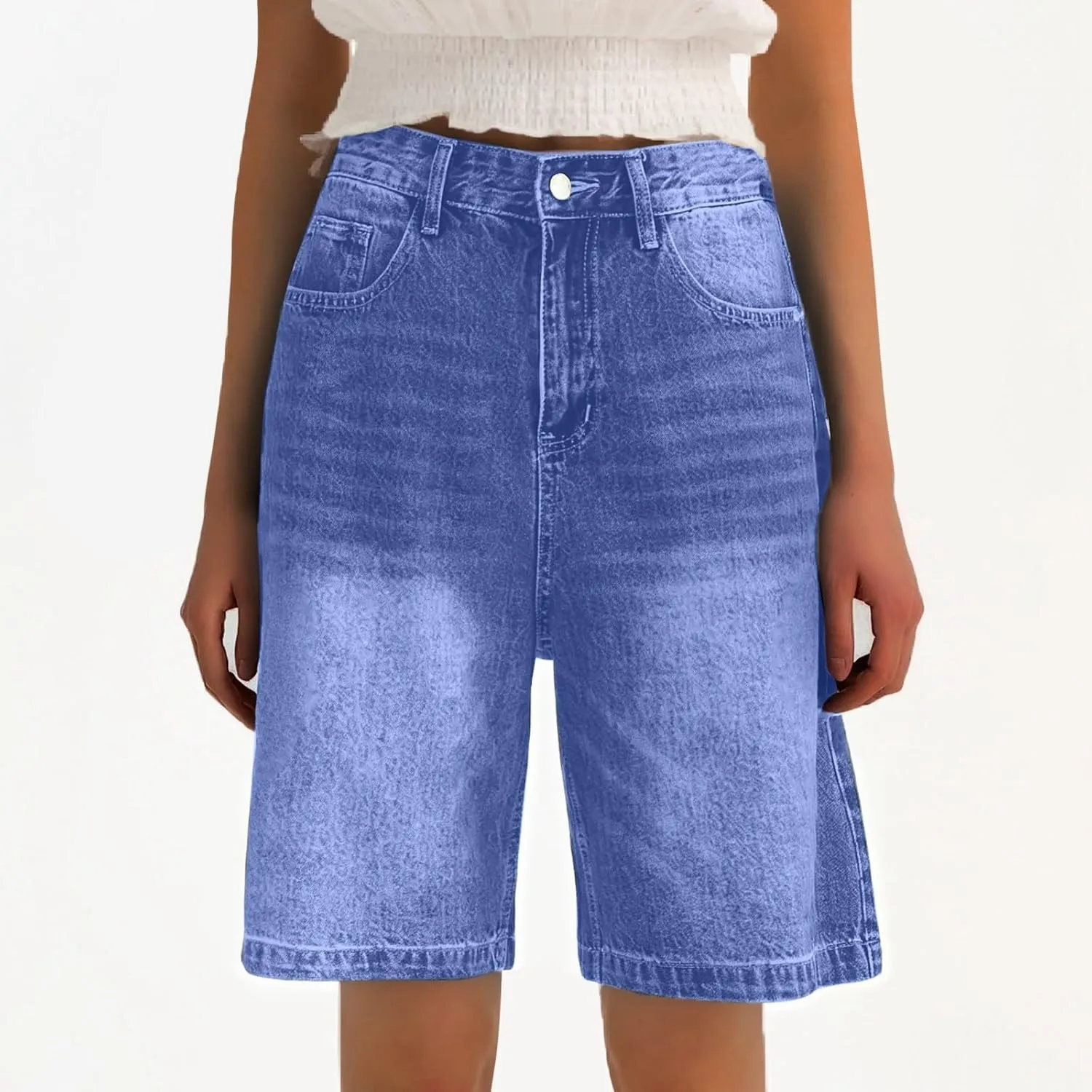 Denim Shorts Womens High Waisted Summer Jeanshort Baggy Casual Bermuda Shorts Knee Length Short Pants with Pockets