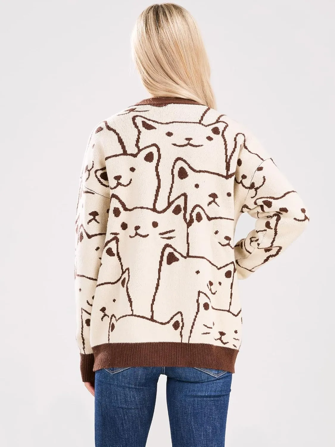 ebossy Women's Kawaii Cartoon Cat Cardigan Japanese Aesthetic Button Down Jacquard Knit Sweater Coat