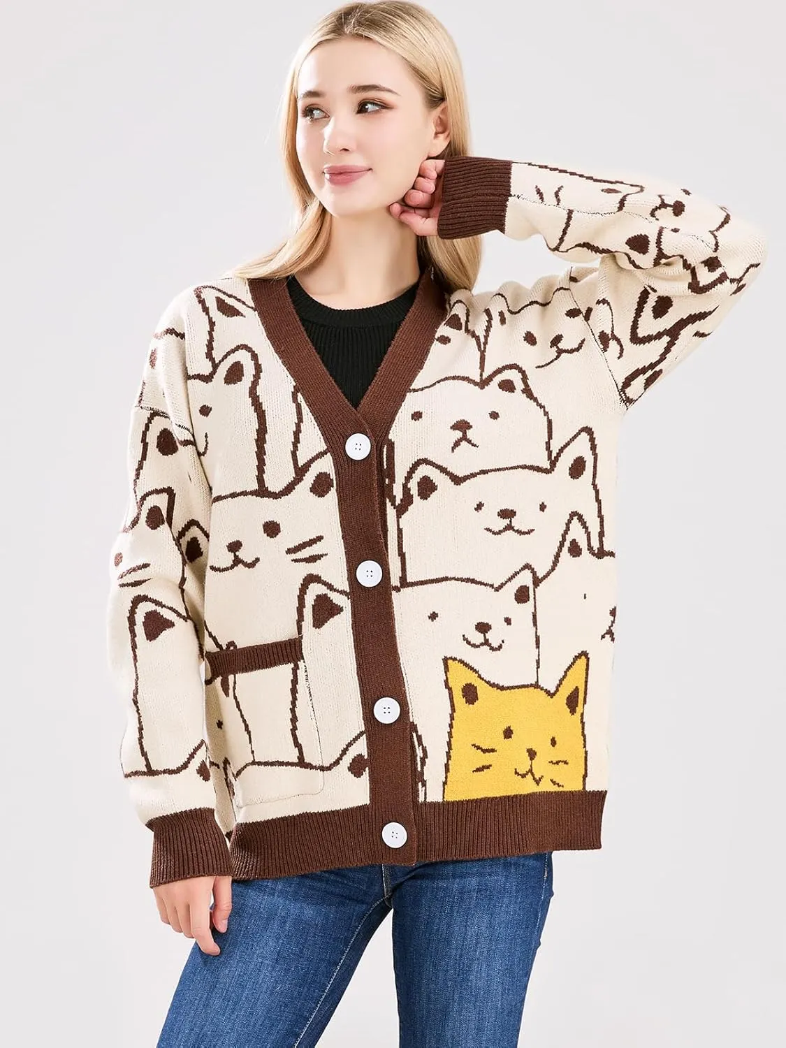 ebossy Women's Kawaii Cartoon Cat Cardigan Japanese Aesthetic Button Down Jacquard Knit Sweater Coat